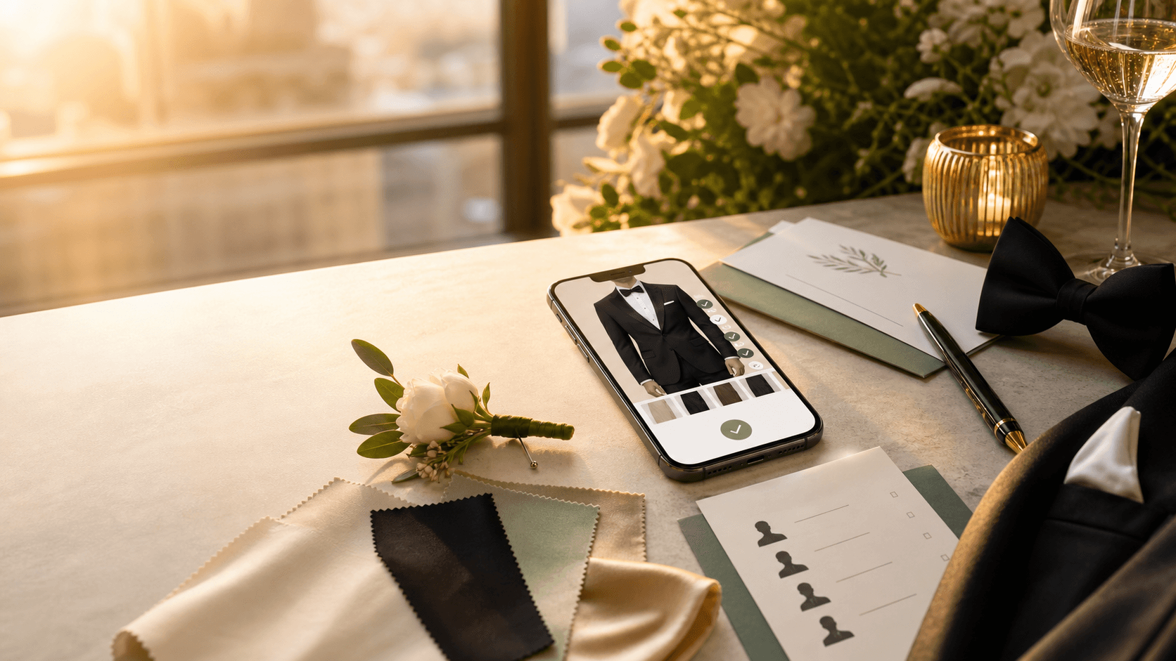An event styling table set with fabric swatches, a bow tie, and a phone showing an outfit being approved
